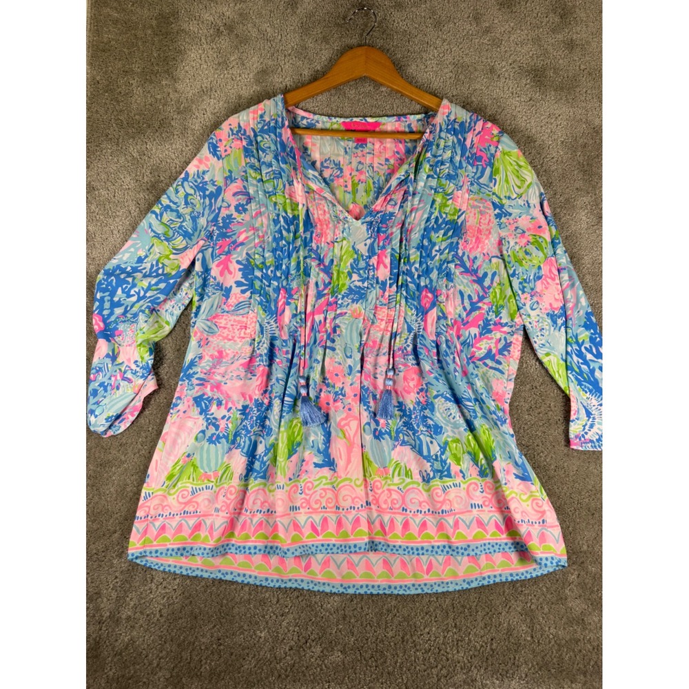 Lilly Pulitzer Elsa Top Pink Blue Floral Coral Pleated Tassel Blouse Large